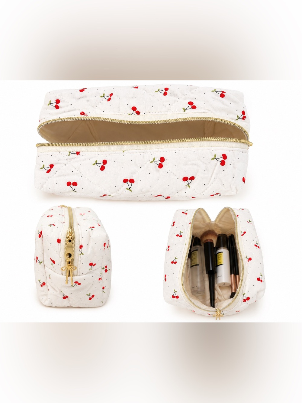Cherry Print Quilted Cosmetic Bag - Cream Background